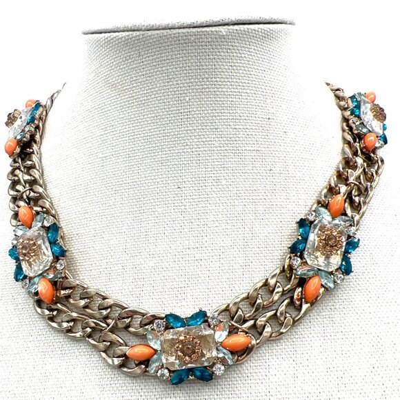 Double Chain Chunky Rhinestones Necklace Orange Teal Gold-Tone Unique Statement - Picture 12 of 12